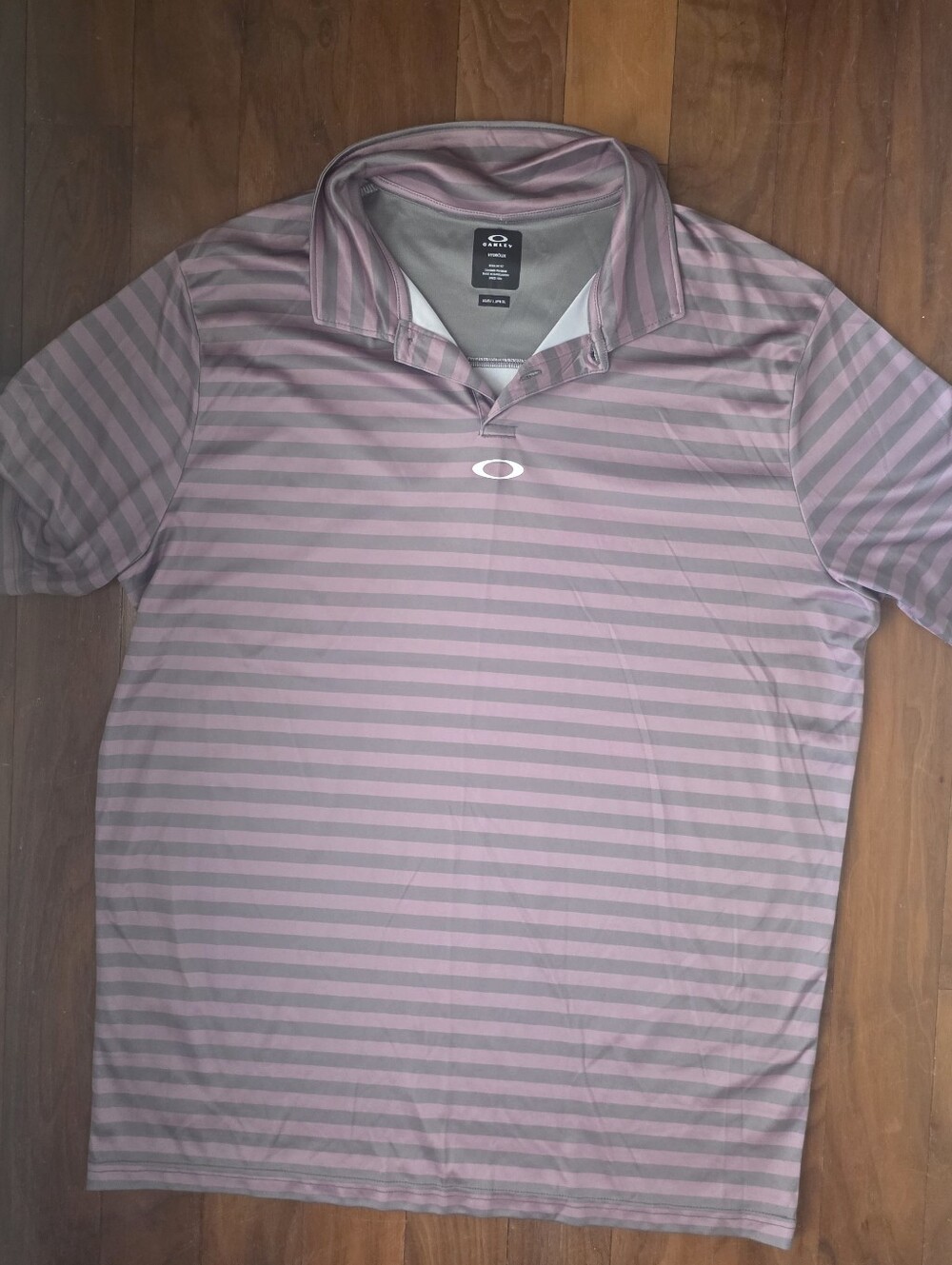 Oakley Men’s Pink and Gray Striped Performance Polo Shirt
